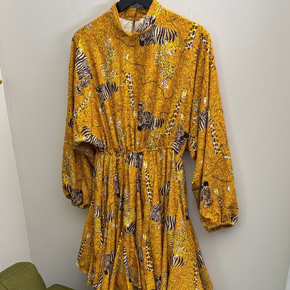 RHODE Yellow Animal Print Long Sleeve Dress